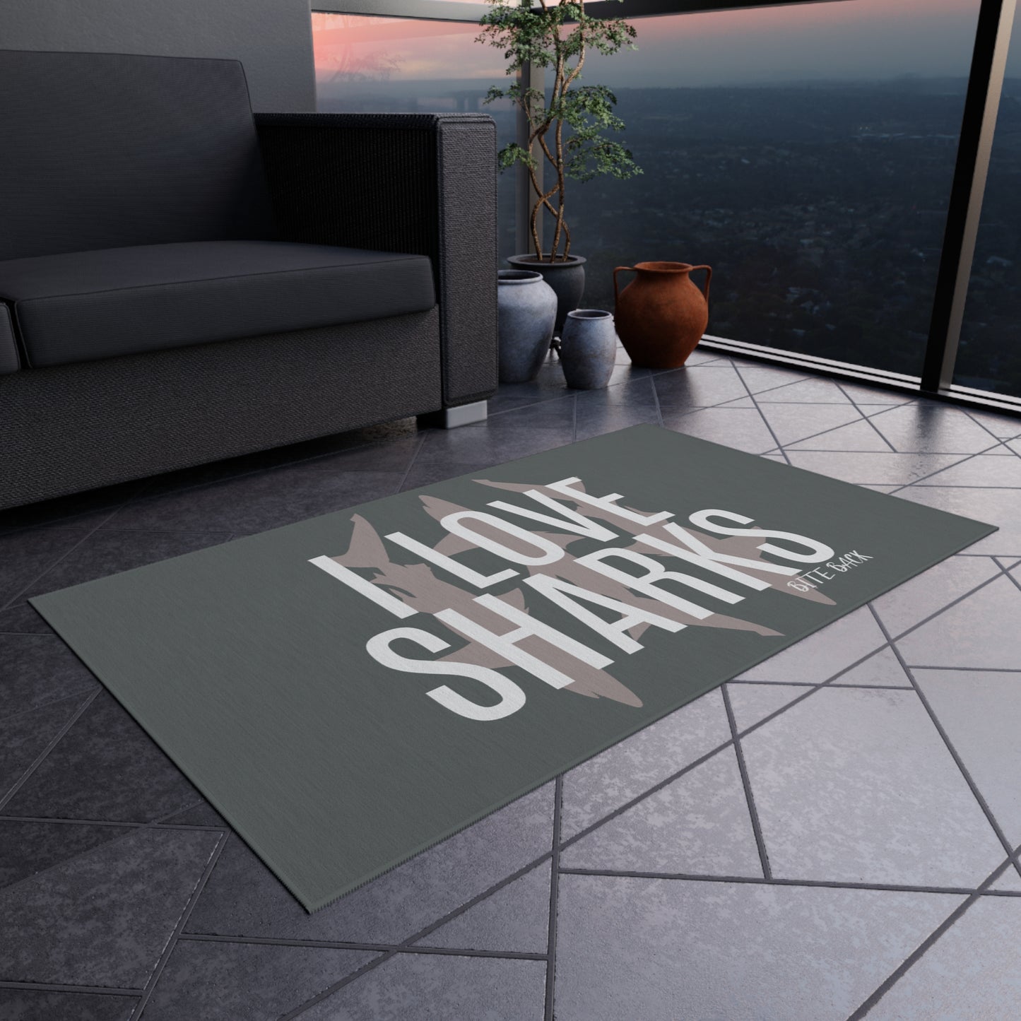 I Love Sharks Outdoor Rug, Nautical Decor, Beach, Patio Area Rug, Shark Lover Gift, Indoor Outdoor Welcome Mat