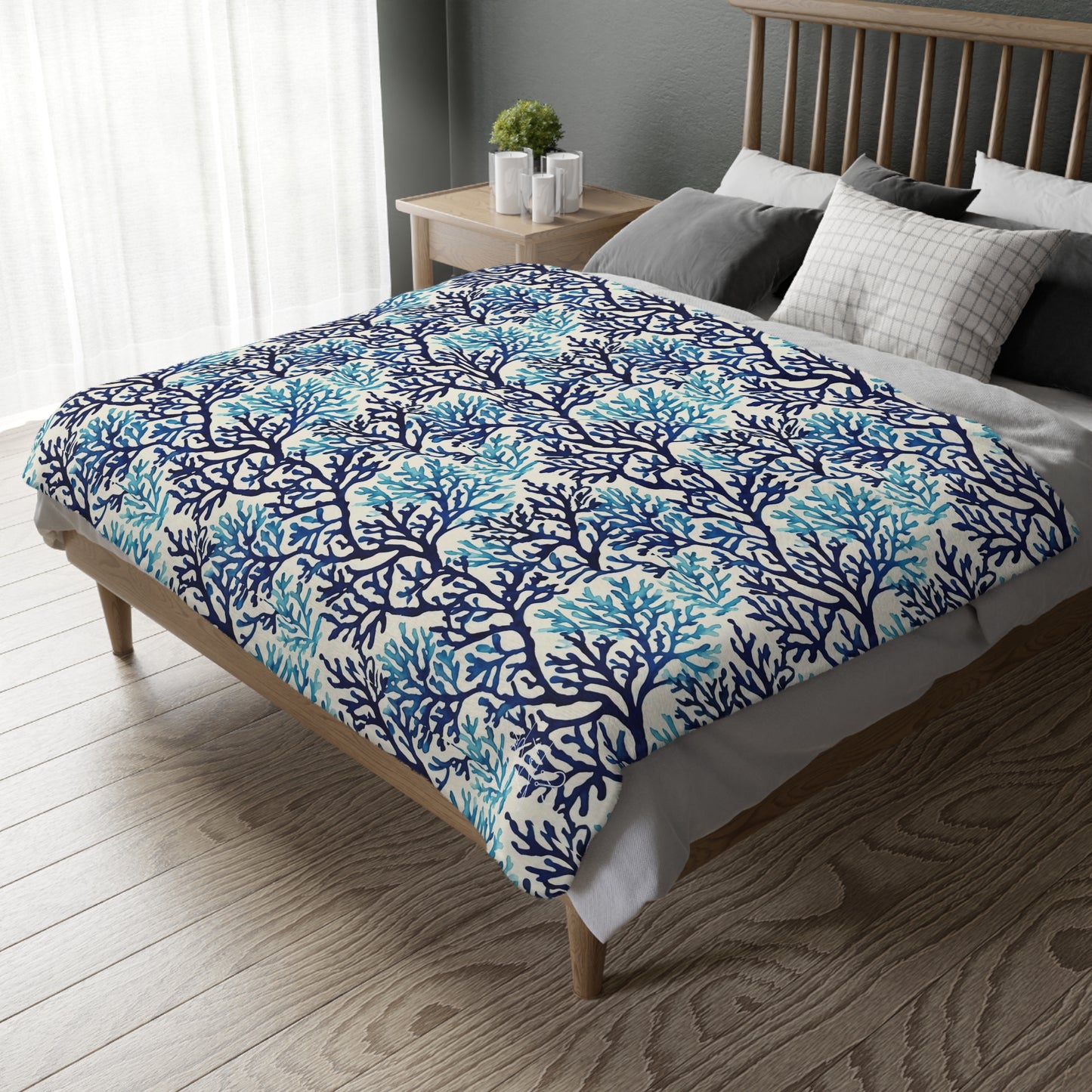 Blue Coral Watercolor Velveteen Minky Blanket (Two-sided print)