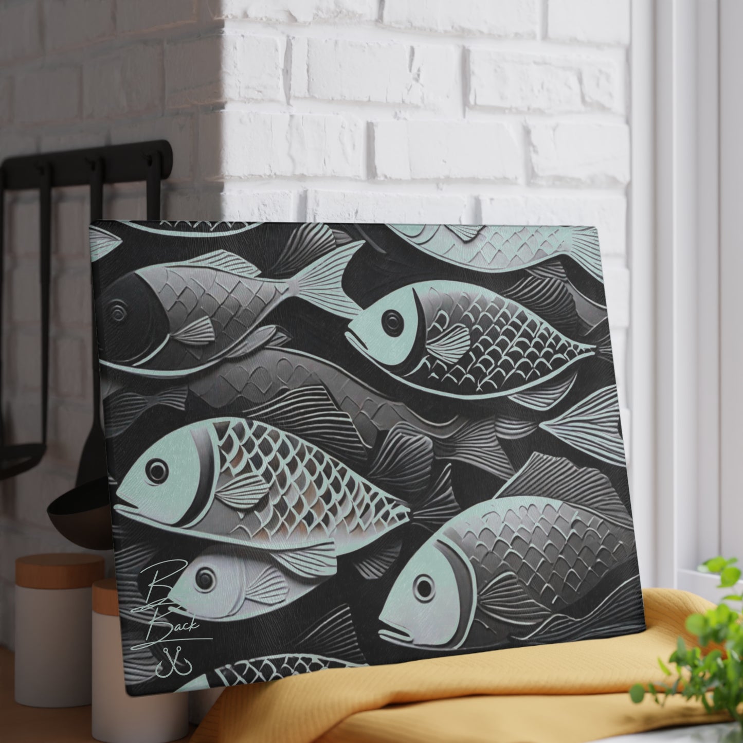 Black & White Fish Glass Cutting Board