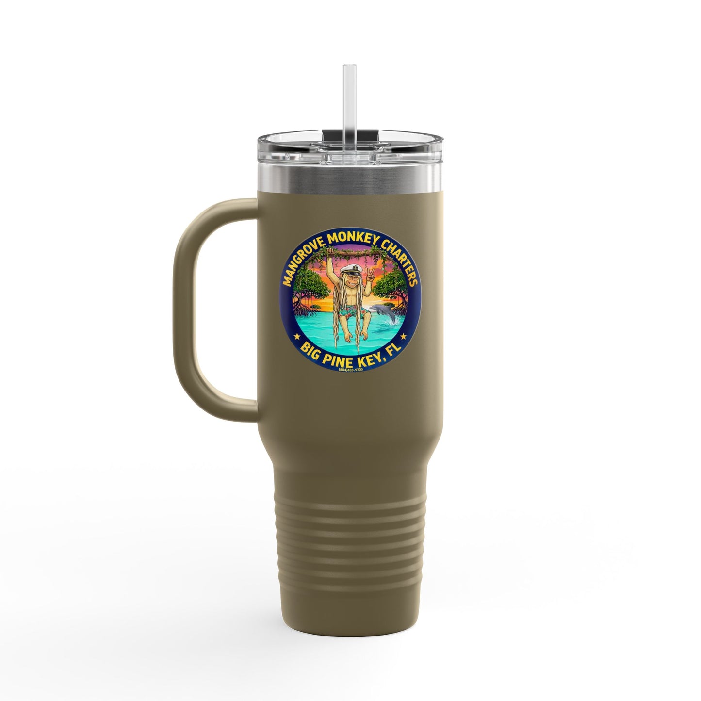 40oz Insulated Travel Mug – Mangrove Monkey Charter Design (Big Pine Key, FL)