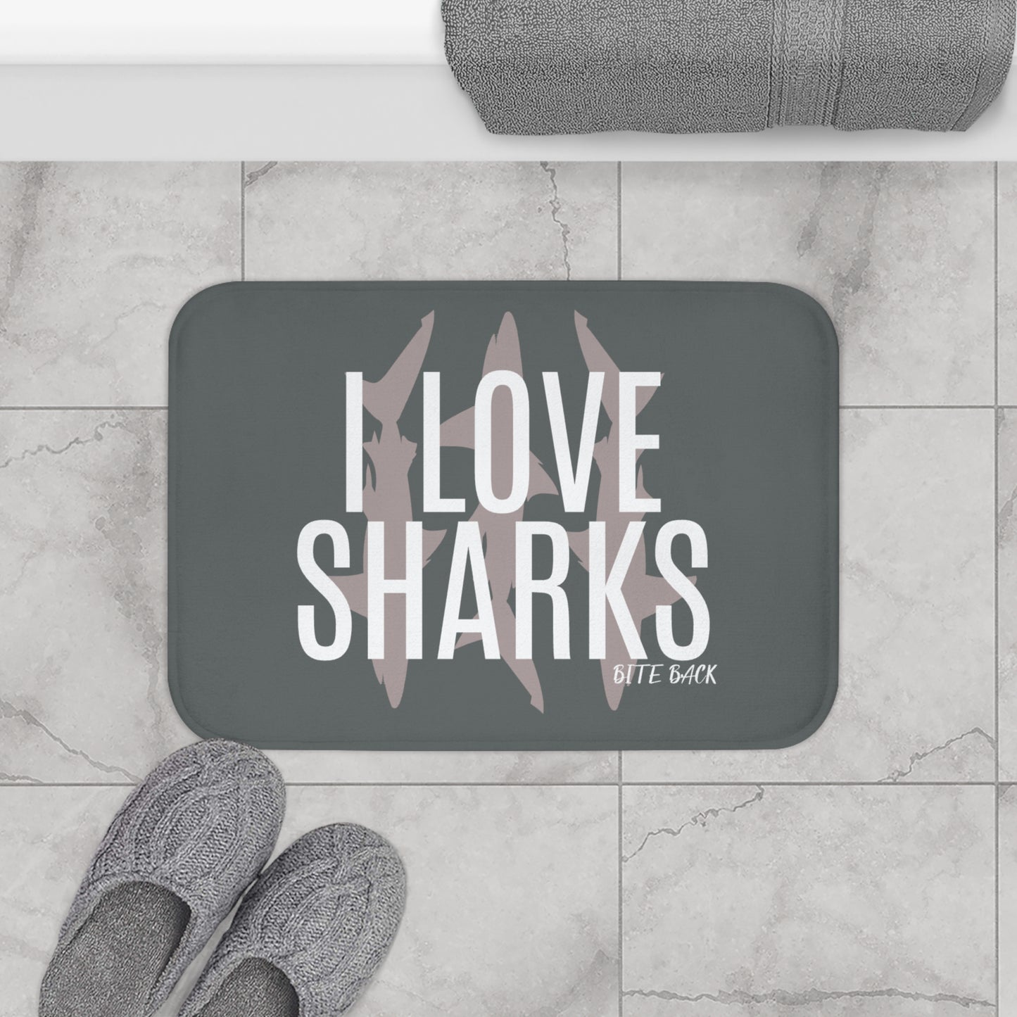 Shark Lover Bath Mat - I Love Sharks Design, Nautical Decor, Gift for Ocean Enthusiasts, Bathroom Accessory, Shark Week Decor