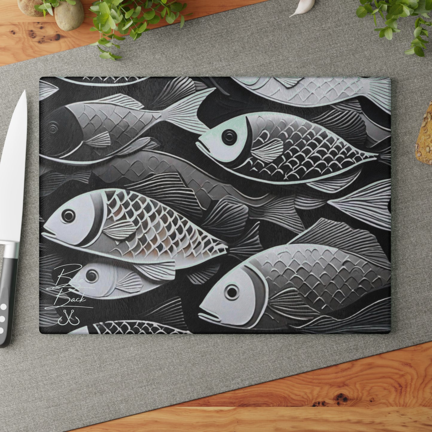 Black & White Fish Glass Cutting Board