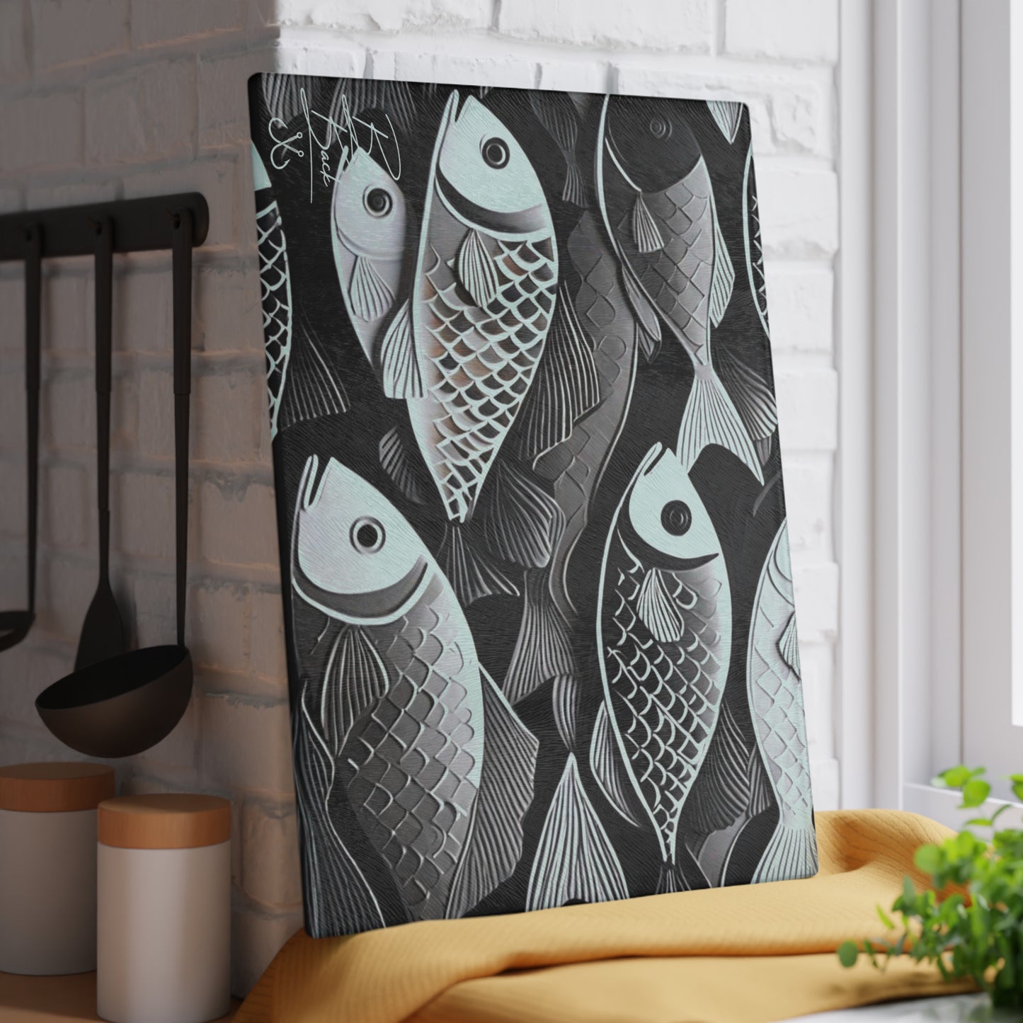 Black & White Fish Glass Cutting Board
