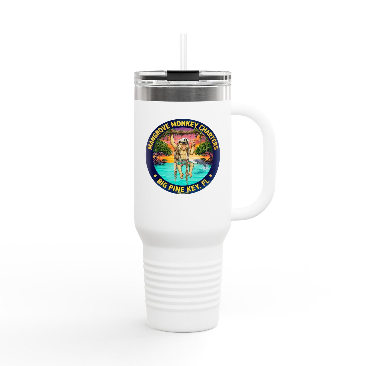 40oz Insulated Travel Mug – Mangrove Monkey Charter Design (Big Pine Key, FL)