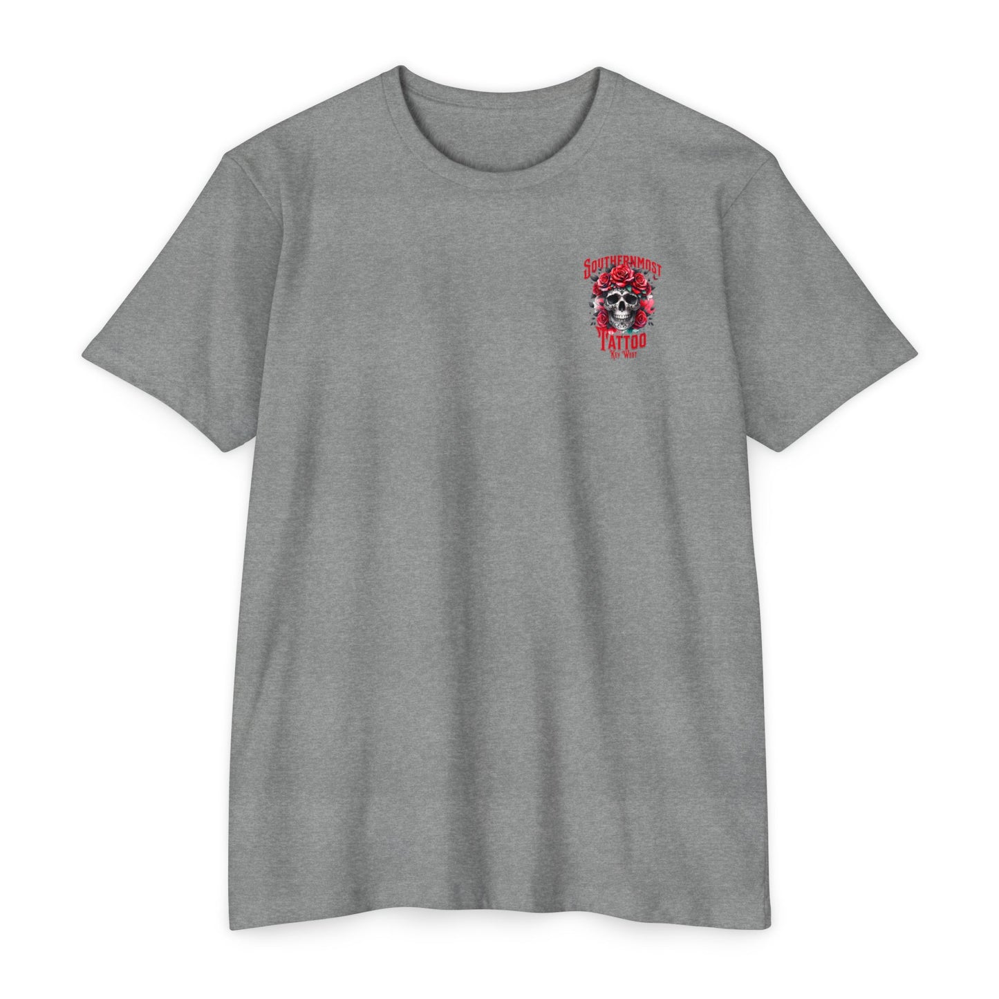Tattoo Skull T-Shirt — "Southernmost Tattoo Key West" Rose Graphic