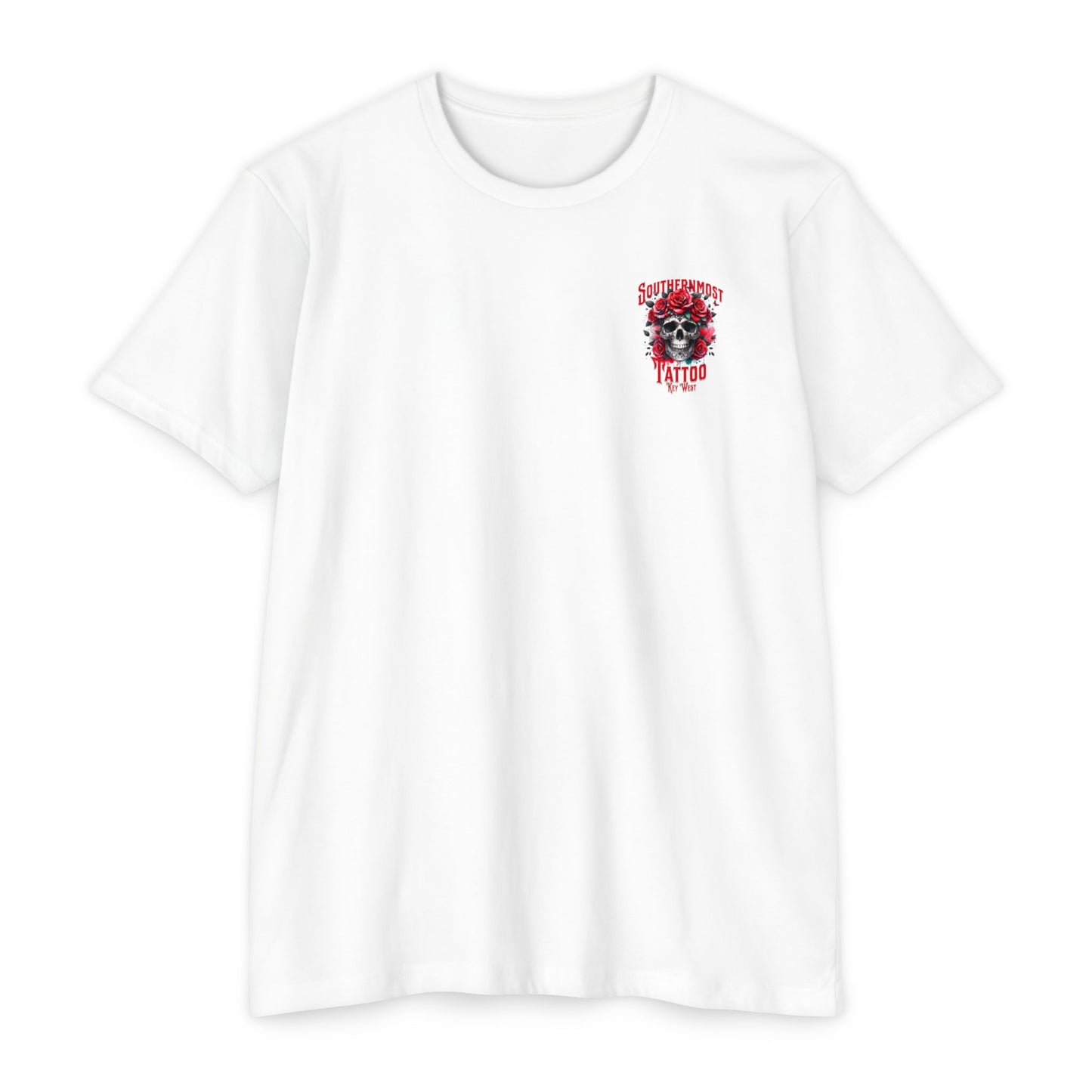 Tattoo Skull T-Shirt — "Southernmost Tattoo Key West" Rose Graphic