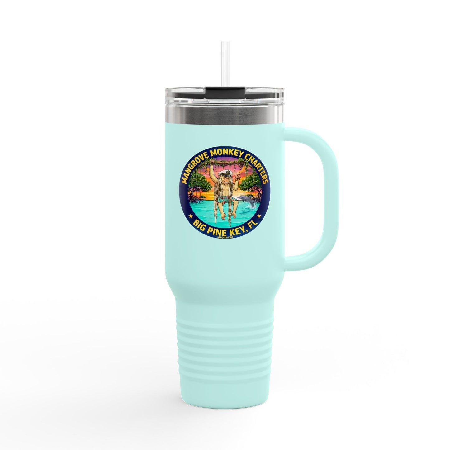 40oz Insulated Travel Mug – Mangrove Monkey Charter Design (Big Pine Key, FL)
