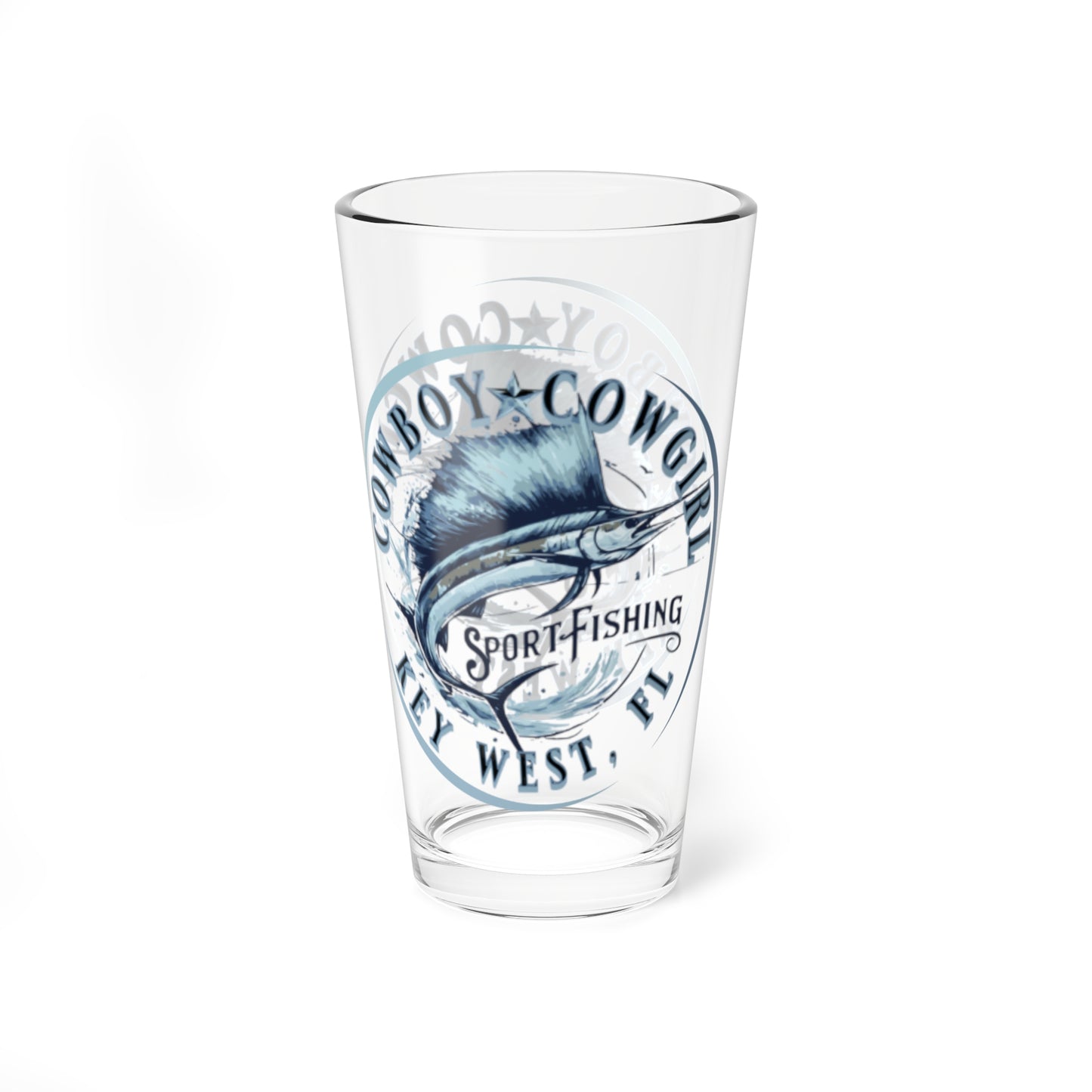 16oz Mixing Glass — Cowboy Comin’ Sport Fishing Logo Pint