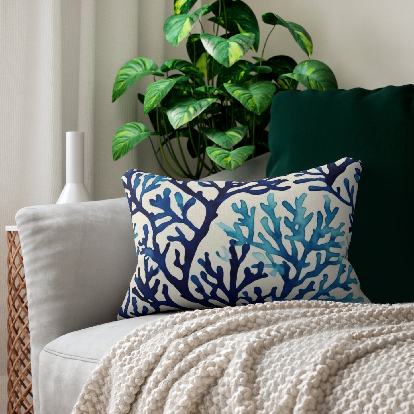 Blue Coral Watercolor Spun Polyester Lumbar Pillow