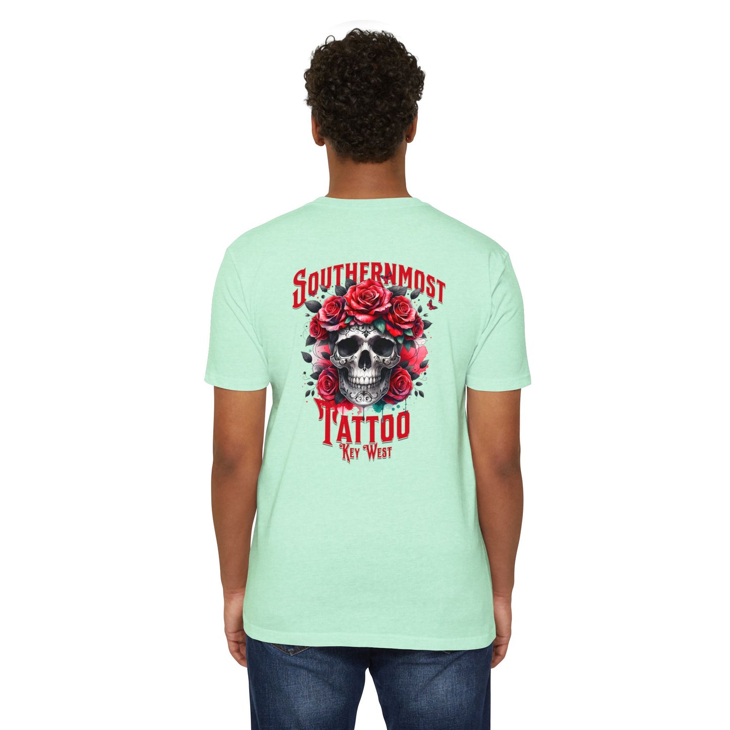 Tattoo Skull T-Shirt — "Southernmost Tattoo Key West" Rose Graphic