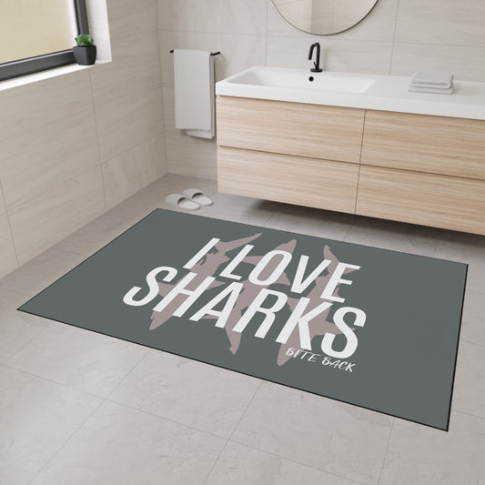 I Love Sharks Heavy Duty Floor Mat, Shark Lover Decor, Home Entrance Rug, Animal Theme, Kitchen Mat, Gift for Ocean Enthusiasts