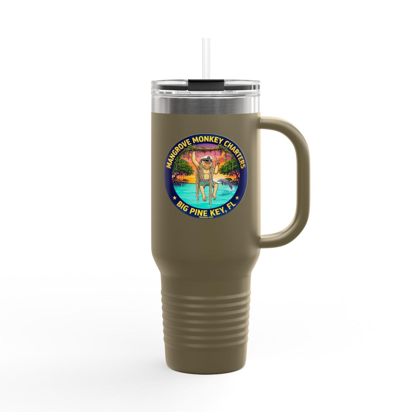 40oz Insulated Travel Mug – Mangrove Monkey Charter Design (Big Pine Key, FL)