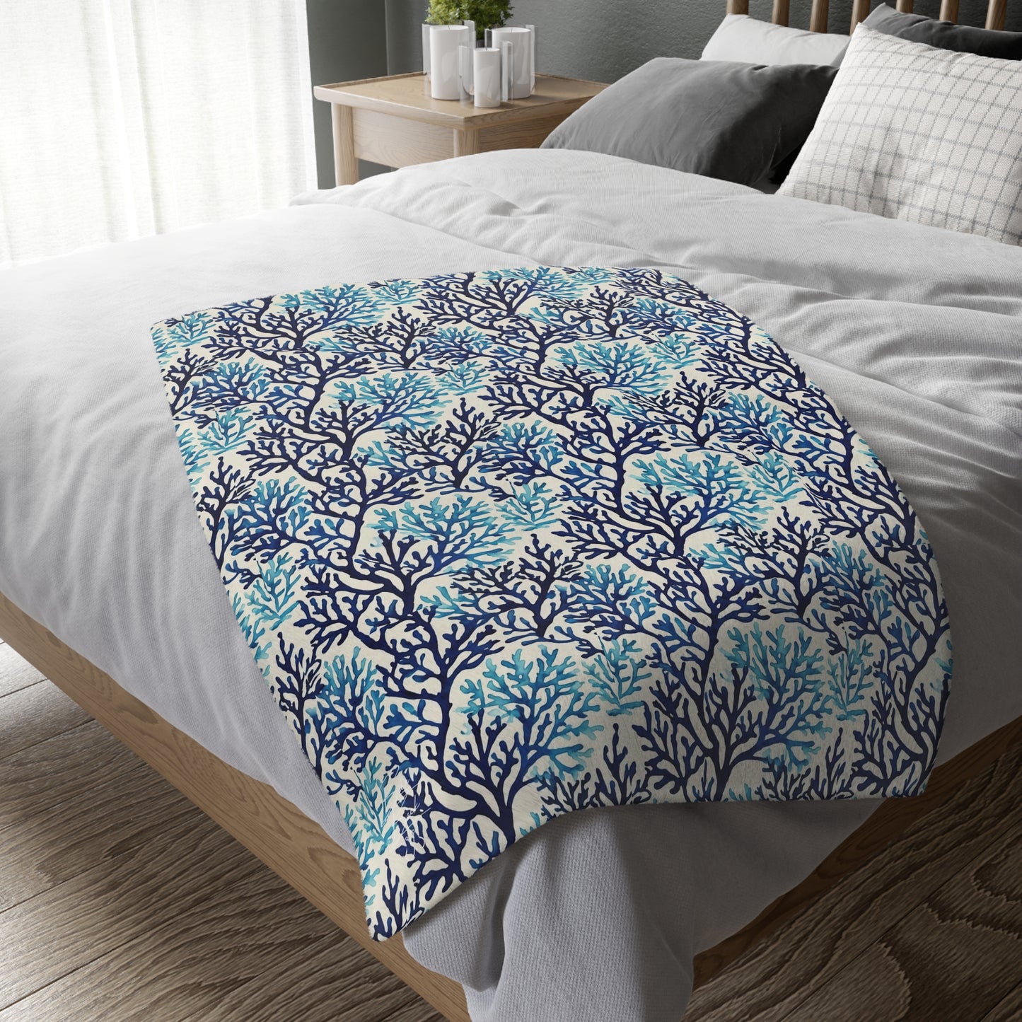 Blue Coral Watercolor Velveteen Minky Blanket (Two-sided print)