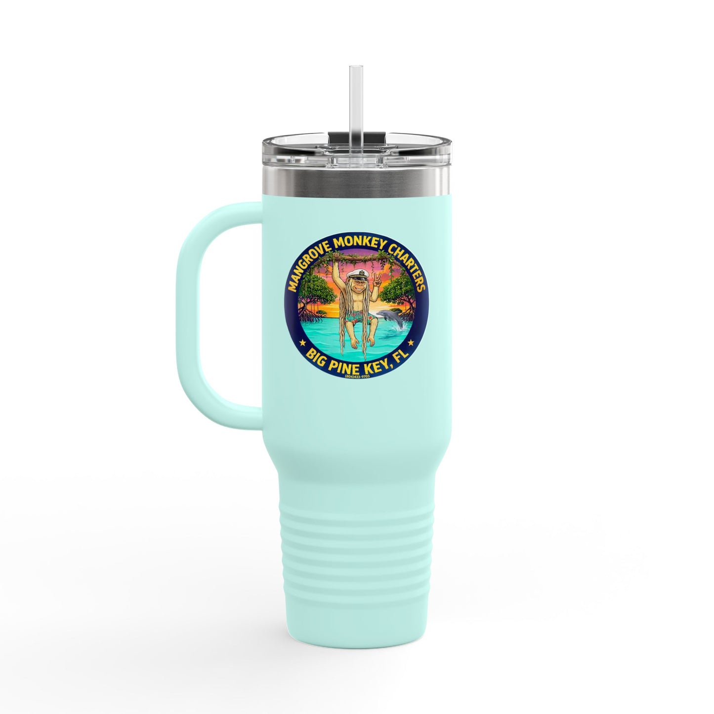 40oz Insulated Travel Mug – Mangrove Monkey Charter Design (Big Pine Key, FL)