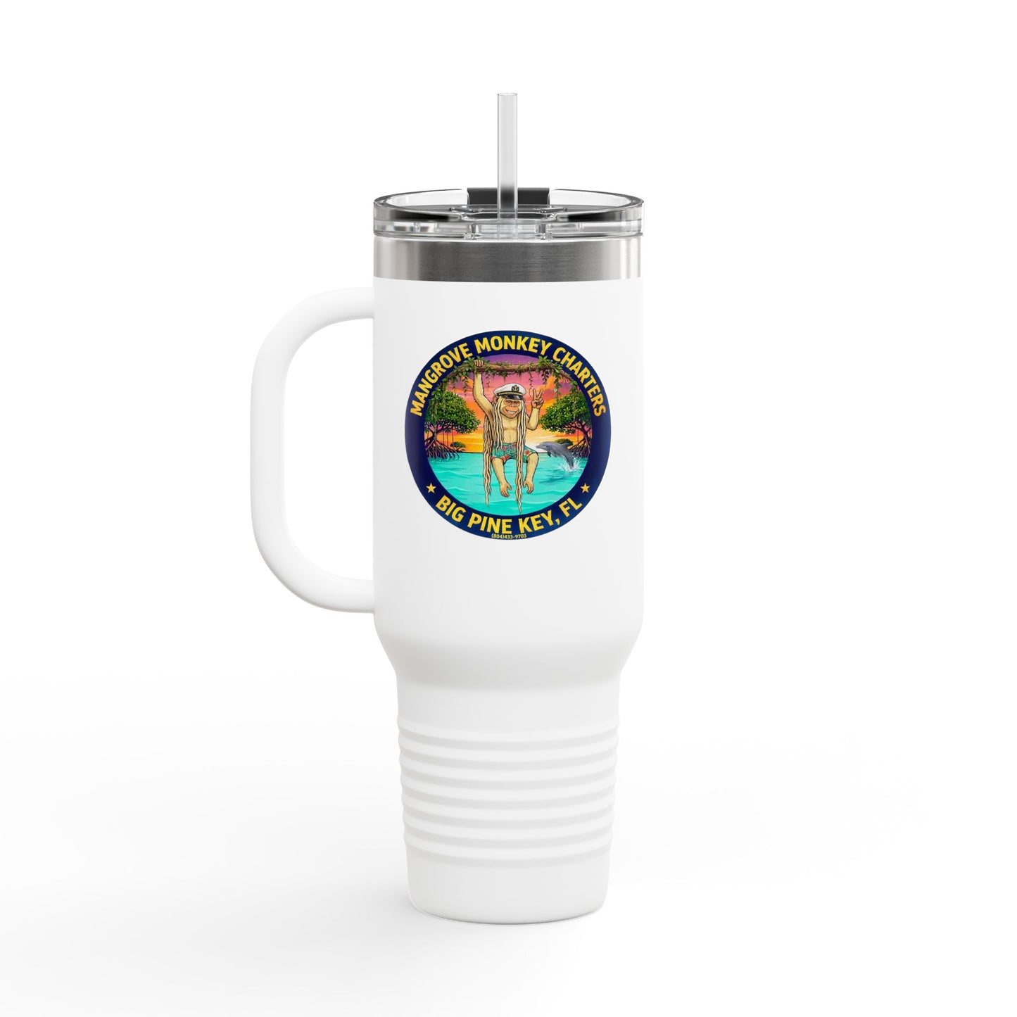 40oz Insulated Travel Mug – Mangrove Monkey Charter Design (Big Pine Key, FL)